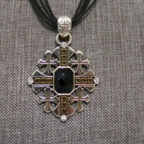 Brighton Maltese Cross Necklace Silver & Gold with Black Onyx - Picture 1 of 7